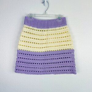 Hand Crafted Cream & Lilac Color Block Crochet Mini Skirt – Boho Handmade